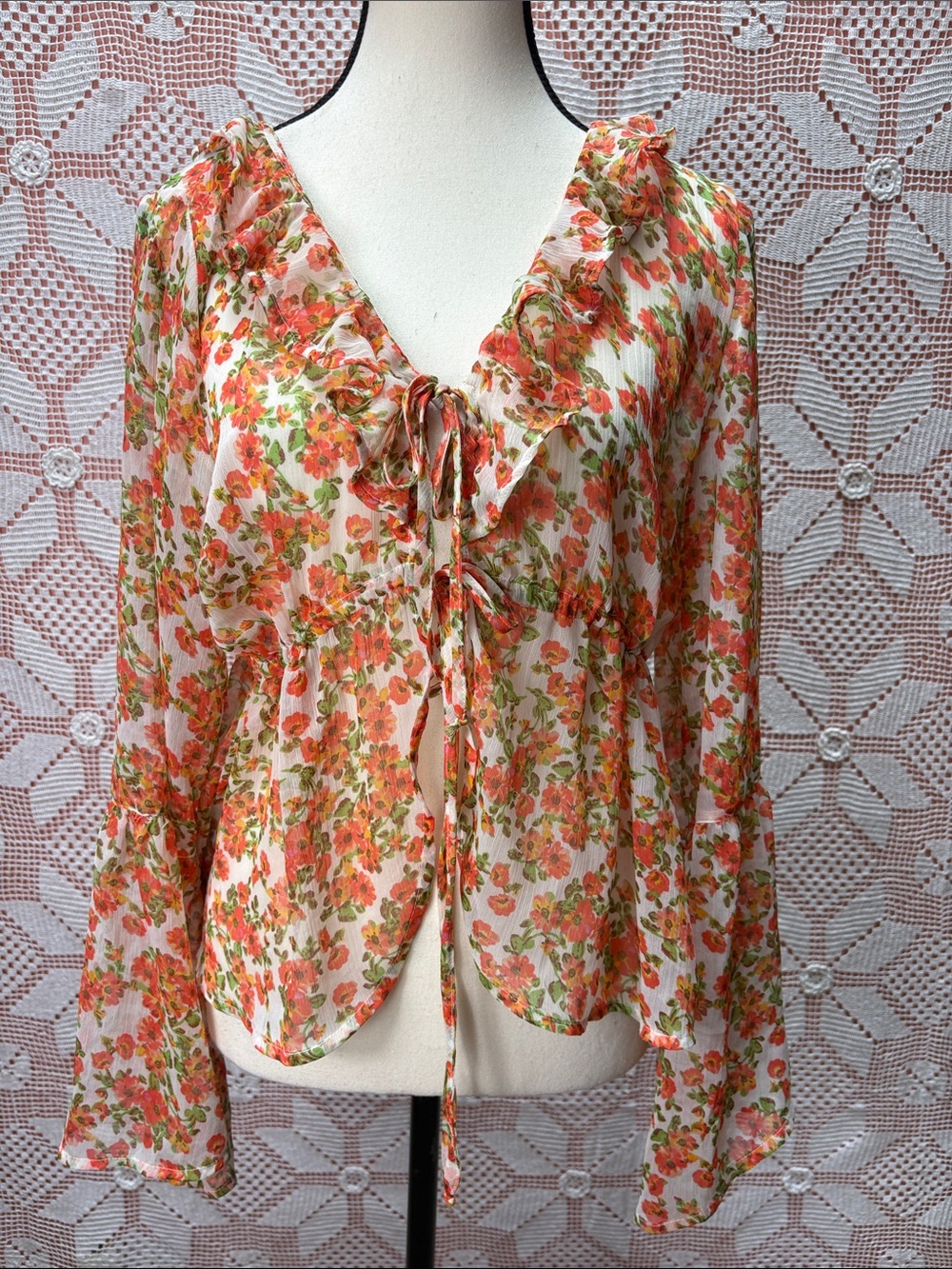 Dizzy Lizzy Floral Ruffle Tie Front Blouse Boho Cottagecore Top L